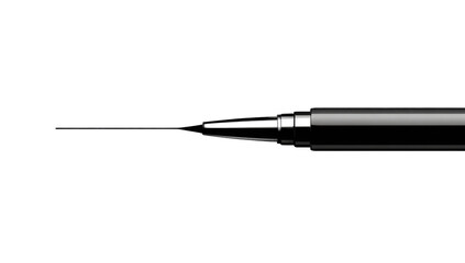 Close-up of a black pen's tip, angled, against a black background.  The tip features a metallic, detailed design. A thin black line extends from the tip