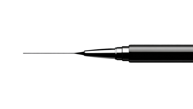 Close-up of a black pen's tip, angled, against a black background.  The tip features a metallic, detailed design. A thin black line extends from the tip
