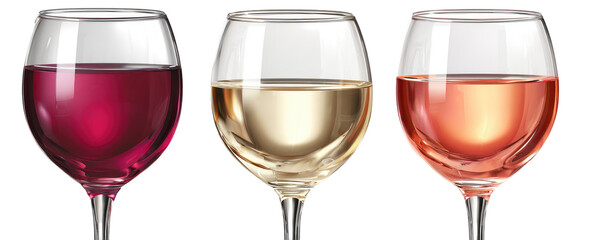 Three wine glasses filled with red, white, and ros? wine