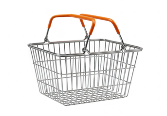 Empty metal shopping basket with orange handles isolated on transparent background