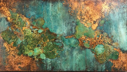 Abstract copper artwork, teal and gold tones.  Patina effect with textured, stained appearance