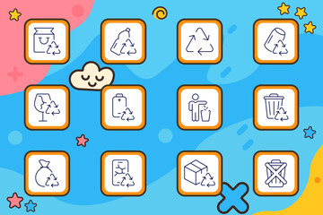 Recycle icon set. Icons illustrate recyclable materials including bottles, cans, glass, bags, batteries, phones, and bins with circular arrows in outlined style over a colorful background.