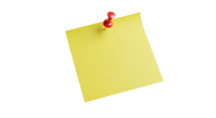 A single yellow sticky note attached to a red thumbtack isolated on transparent background