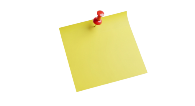 A single yellow sticky note attached to a red thumbtack isolated on transparent background