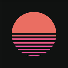 Retro sunset graphic with pink and orange stripes, vaporwave aesthetic sun silhouette, minimal synthwave design for vintage artwork, 80s nostalgia, and futuristic backgrounds.