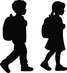 Silhouette children walking with backpacks, school kids vector illustration, student education design, boy and girl graphic, childhood learning, classroom journey, study concept