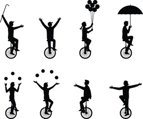 Silhouette vector illustration of circus performers on unicycles, juggling, holding balloons, umbrella, cane, entertaining acts, street performance, isolated black design © MdShahin
