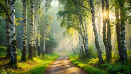 Obraz premium Sunlight streams through a misty birch forest onto a winding dirt path, creating a serene and magical atmosphere