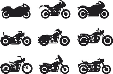 Silhouette vector illustration of various motorcycles, chopper bikes, sport bikes, vintage motorbikes, classic motorcycle icons, transportation design, automotive elements, biker lifestyle, travel