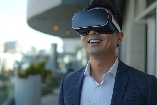 Smiling Asian businessman experiences virtual reality outdoors in a modern city setting, exploring new technology while enjoying an outdoor environment, Generative AI