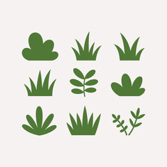 Set of green plant and grass icons, simple nature silhouettes for landscape design, gardening, eco-friendly decoration, organic growth, spring, freshness, and natural environment.