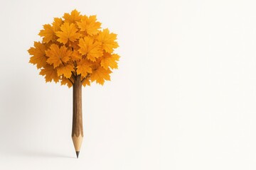 Fototapeta na wymiar Giant pencil shaped like a tree with autumn leaves on white background with soft lighting and empty space for text creative concept for education learning and back to school season