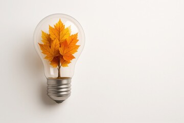 Fototapeta na wymiar Light bulb filled with autumn leaves on white background with soft lighting and empty space for text creative concept for ideas innovation and back to school season