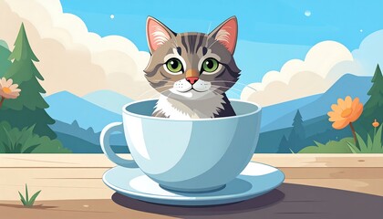 Cute kitten in a teacup.  Peaceful scenery