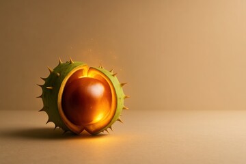 Chestnut in green husk glowing with golden light on beige background with soft illumination and empty space for text autumn concept symbolizing hidden value and seasonal business marketing