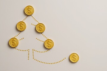 Gold coins arranged as a festive garland with dotted lines on clean background and space for text, creative holiday finance and discount concept for advertising visuals