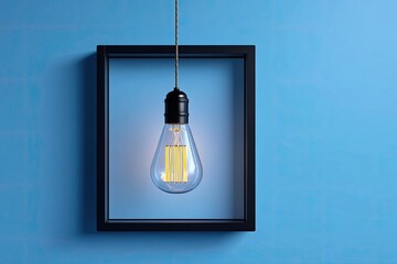 Obraz premium A filament light bulb hangs within a black frame on a light blue wall