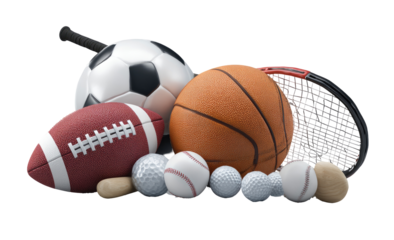 Assorted sports equipment, various balls and racket