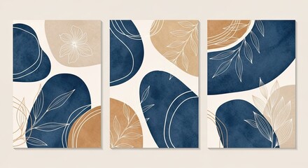 Abstract wall art vector set, organic shapes with deep blue watercolor texture. Integrated with minimalist leaf and floral outlines in neutral earth tones, eco-inspired, calm and natural aesthetic.
