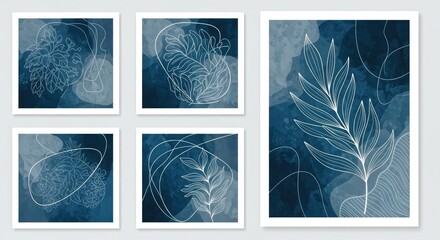 Abstract wall art vector set, organic flowing shapes with blue watercolor texture.  Earth tones combined with cyber-modern minimalism.
