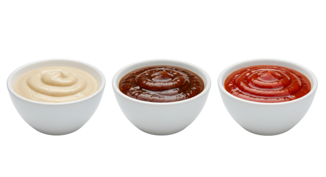 Three bowls of condiments mayonnaise barbecue sauce and ketchup