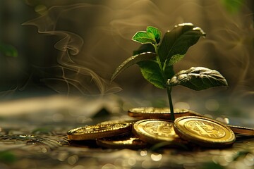 Vibrant Color Image of Gold Coins with a Growing Plant on