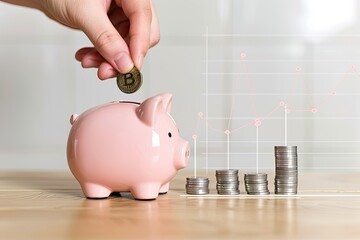 Vibrant Picture of Hand Putting Coin in Piggy Bank and Growth Chart