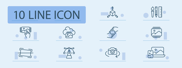 Image editing set icon. Hand, camera, layout, paint, pen, crop, cloud, touch, mobile, vector, and adjustment tools outlined for photo manipulation and design tasks