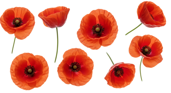 Red poppies on transparent background floral design element