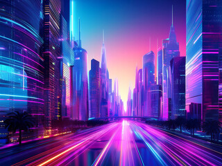 A neon-lit city under twin moons promoting STEM curiosity and creative exploration for young learners

