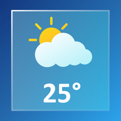 Partly cloudy icon. White cloud and partial sun with yellow rays on blue background above temperature 25 and label partlycloudy in white bold text.