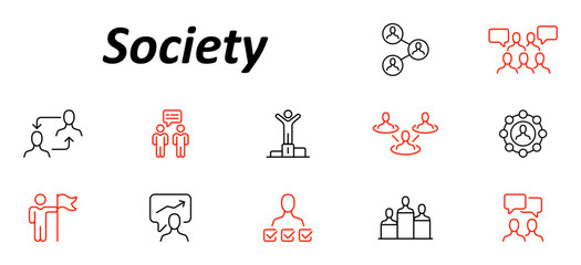 Society set icon. Human figures in networks, conversation bubbles, connections, podiums, flags, charts, group circles, and team checklists arranged in minimal outline form.