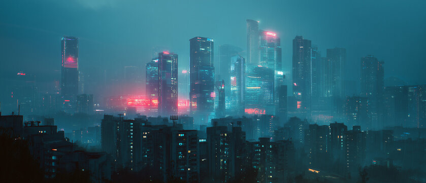 Cyberpunk futuristic city skyline in rain with neon lights