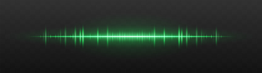 Audio bar. Glowing frequency wave with high intensity peaks and reflection. Suited for UI, music interface, sound visualization, digital signal.