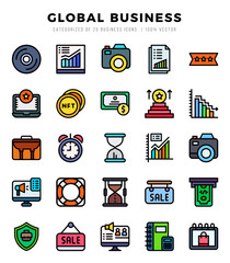 Vector icons set of Global Business. Lineal Color style Icons.