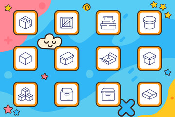 Package set icon. Cardboard, crate, stacked boxes, cylindrical container, cube, shoebox, open, square lid, grouped boxes, tray, flat