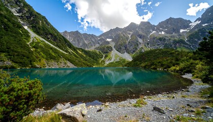 Naklejka premium Alpine lake reflecting mountains
