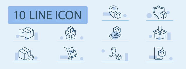 Delivery and shipping set icon. Package in motion, location pin, trolley, customer, box with shield, arrow insert, clock, hand, protection, screen shown