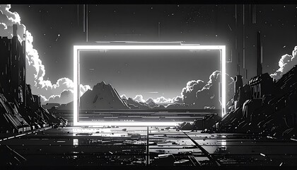Futuristic landscape with glowing frame