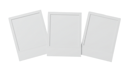 Three blank white photo frames mockup isolated on transparent background empty space for images or text