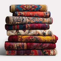 Stacked antique rugs, various colors and patterns