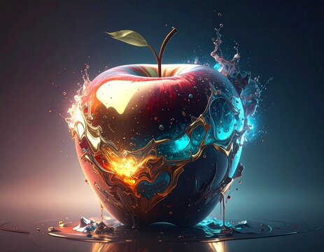 A vibrant, glowing apple with swirling, liquid-like energy erupting from its core, set against a dark, moody background.