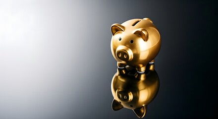 Golden piggy bank reflecting on a dark surface, symbolizing savings and financial security.