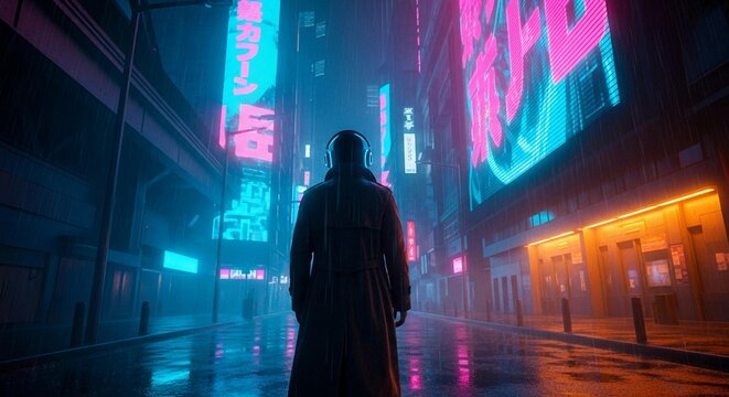 Cyberpunk City Street at Night with Neon Lights and Mysterious Figure
