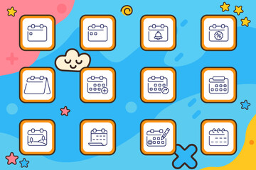 Calendar set icon. Icons of planner sheets, reminders, date additions, deadlines, and scheduling tools outlined on a soft blue abstract background