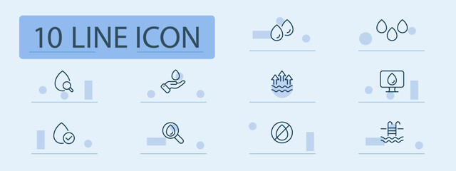 Water and hygiene set icon. Droplets, hands, magnifiers, computer screens, pools, prohibition signs, and arrows used to visualize conservation, analysis, and purity themes