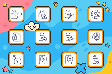 Security set icon. Lock icons with passwords, settings, warning signs, files, mobile devices, and access states outlined in squares on a blue backdrop