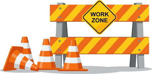 Roadwork Safety Signage and Traffic Cones Indicating Construction Zone