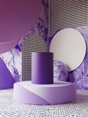high quality visual of purple circle podium stand on the background of a geometric composition Realistic purple and white 3D cylinder pedestal podium with floating overlap circle background