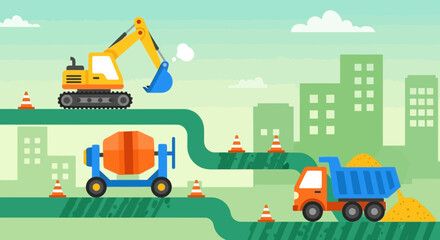 Naklejka premium urban road construction scene with heavy machinery and cityscape background